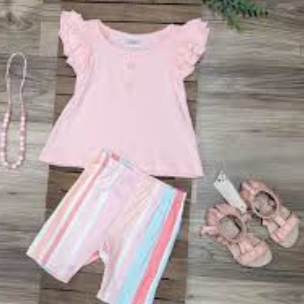 Pink Ruffle Top and Striped Shorts Set